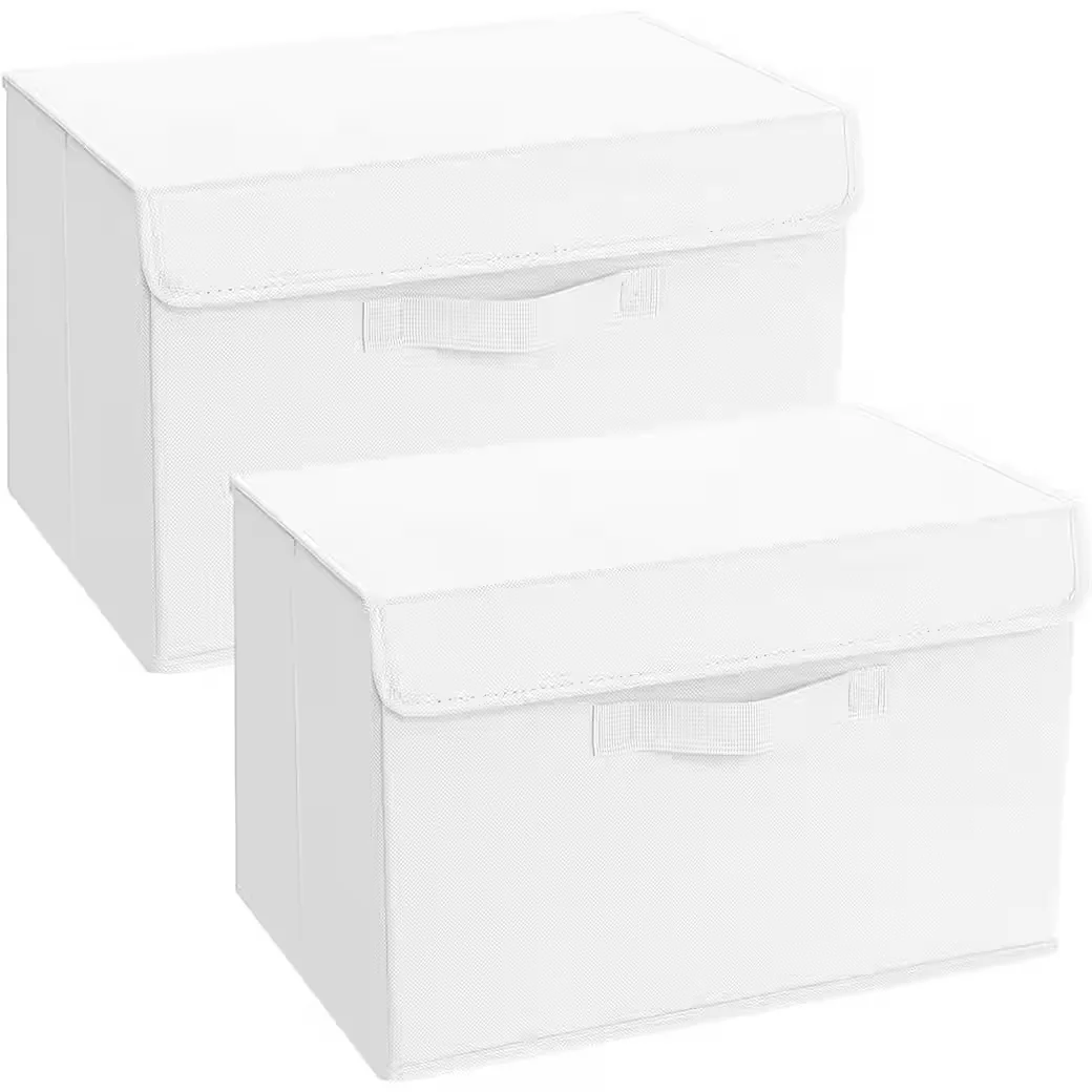 LUXUSKOLLEKTION Faltboxen 2er Set Stoff mit Deckel und Griff hellweiß