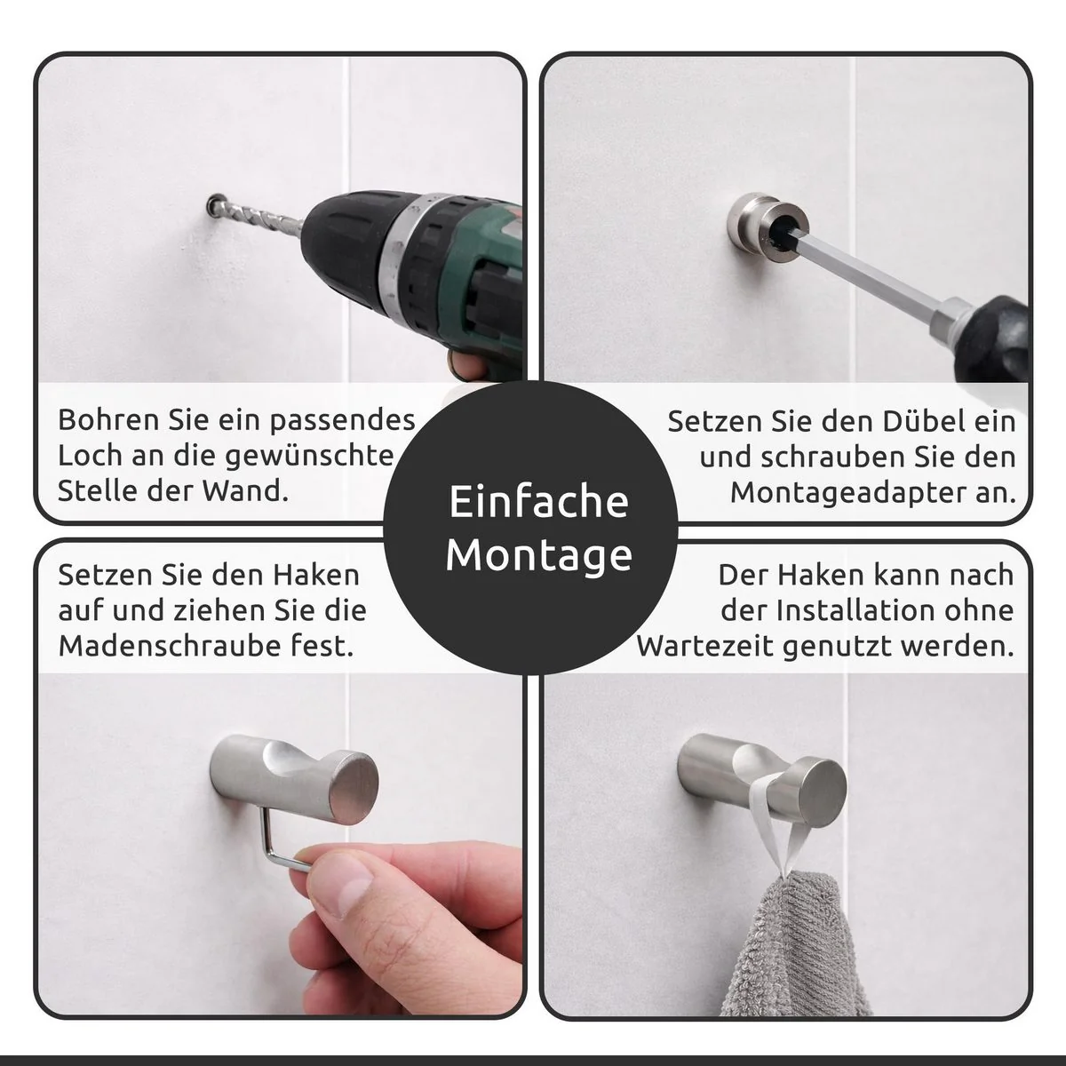 ECENCE Wandhaken 4 Stück Handtuchhaken zum Bohren gebürstet für Bad