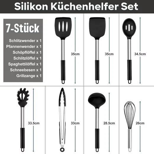 LUXUSKOLLEKTION Kochbesteck Set 7 tlg Silikon Antihaft Edelstahlgriff