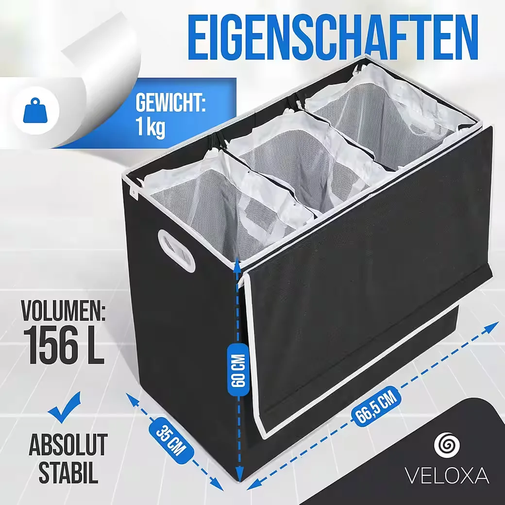 COFI 1453 Wäschesammler 156 L 3 Fächer Deckel Magnetverschluss