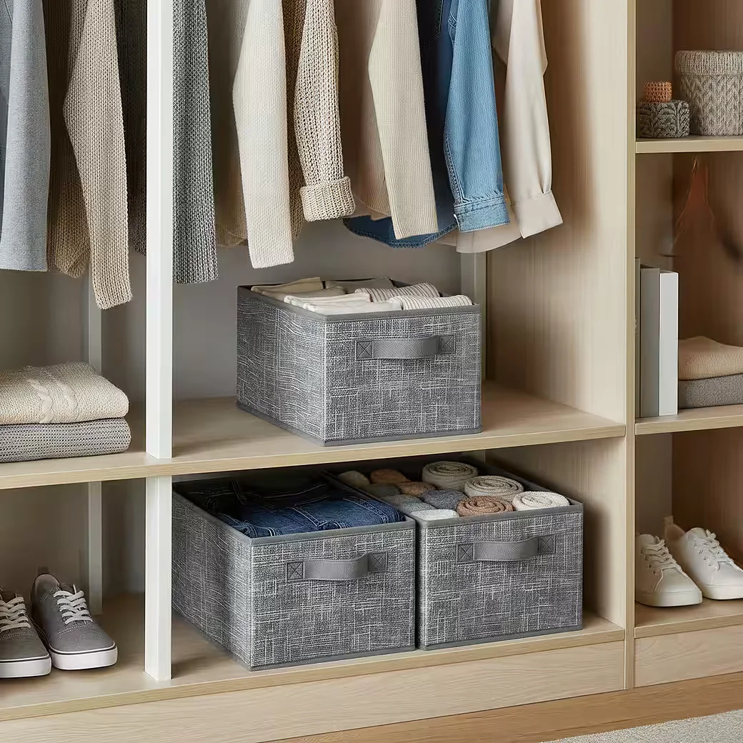 Aufbewahrungsbox 3er Set, Stoffboxen, für Kleiderschrank, 2 Griffe, Etikette