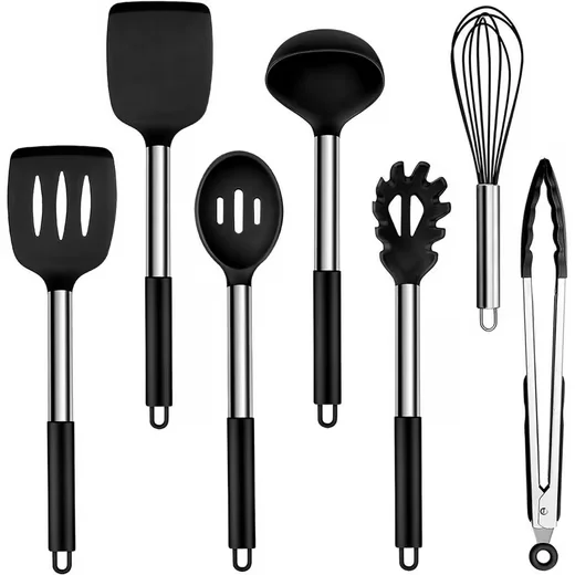 LUXUSKOLLEKTION Kochbesteck Set 7 tlg Silikon Antihaft Edelstahlgriff