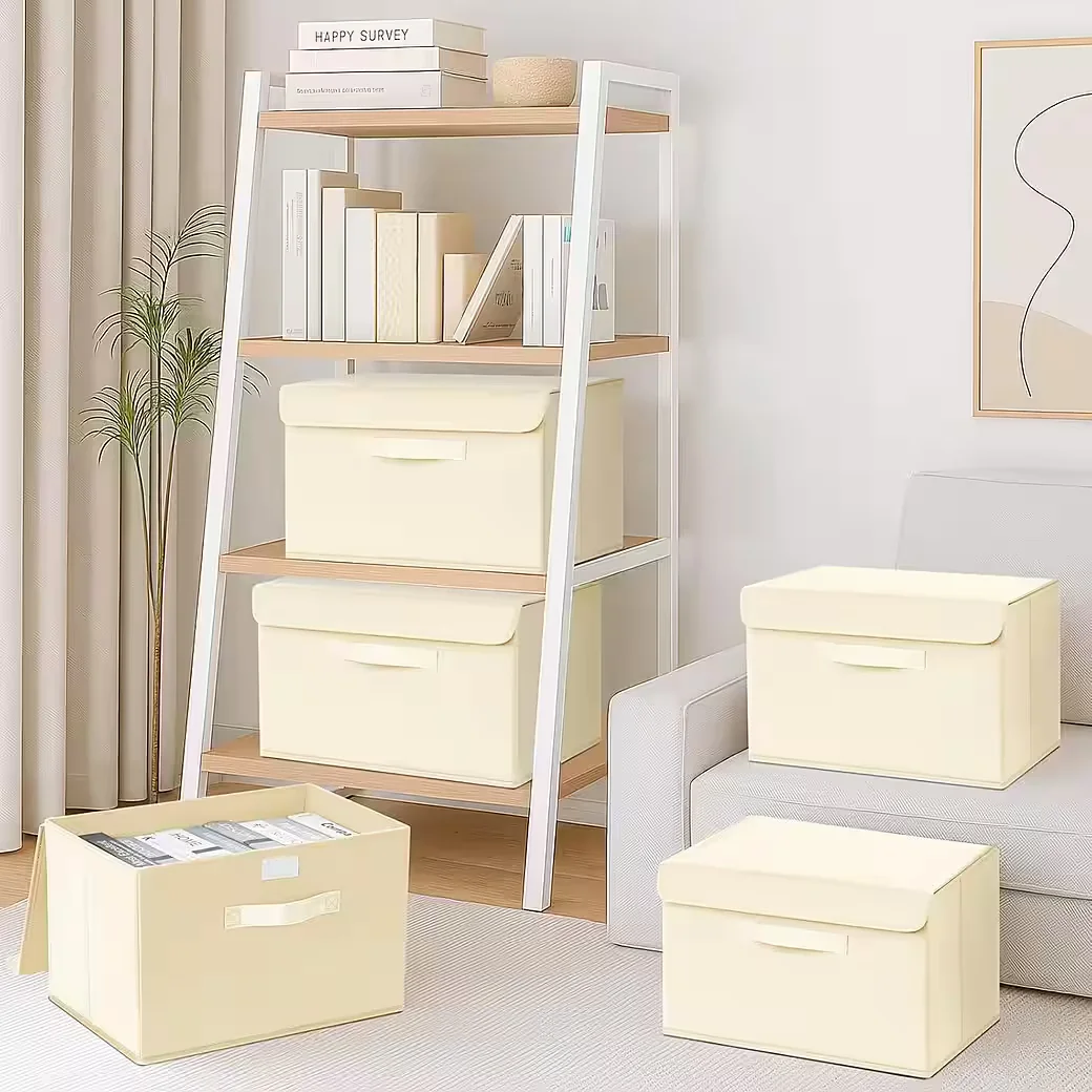 LUXUSKOLLEKTION Faltboxen aus Stoff mit Deckel 2er Set lichtbeige