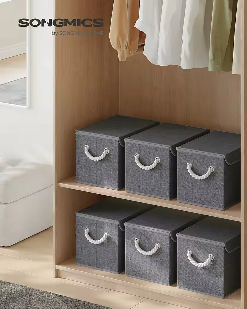 SONGMICS Aufbewahrungsboxen 3er Set mit Deckel, faltbar, Stoffboxen
