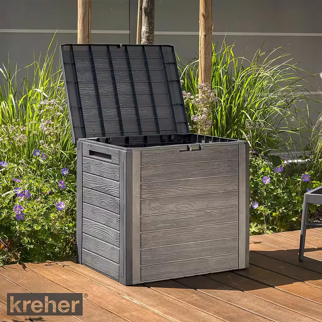 KREHER Kissenbox WOOD 140 L Holzoptik Anthrazit Garten Auflagenbox