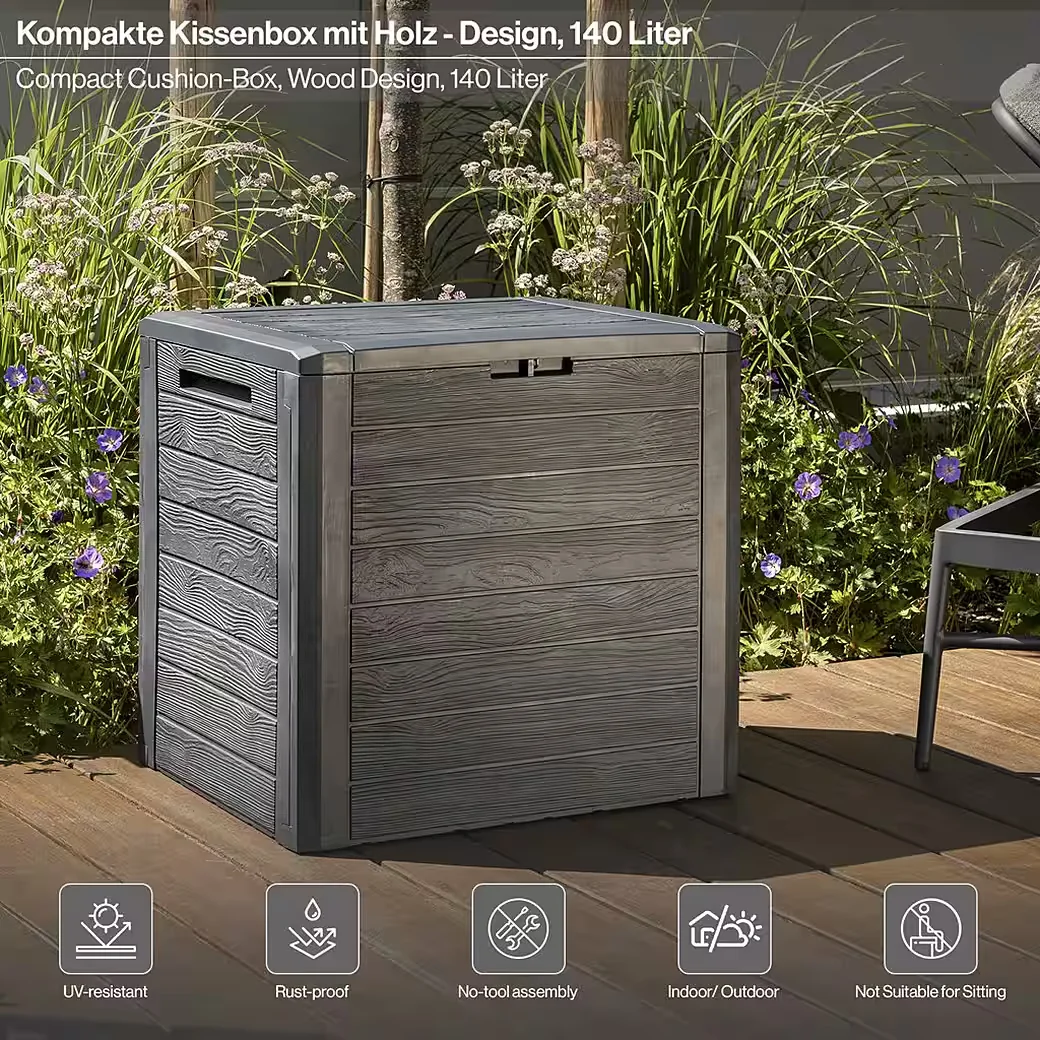 KREHER Kissenbox WOOD 140 L Holzoptik Anthrazit Garten Auflagenbox