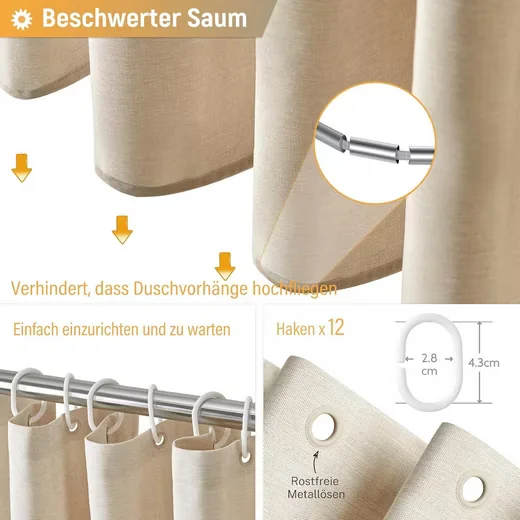 AGGER Duschvorhang 180x180 cm Leinenoptik schimmelresistent waschbar