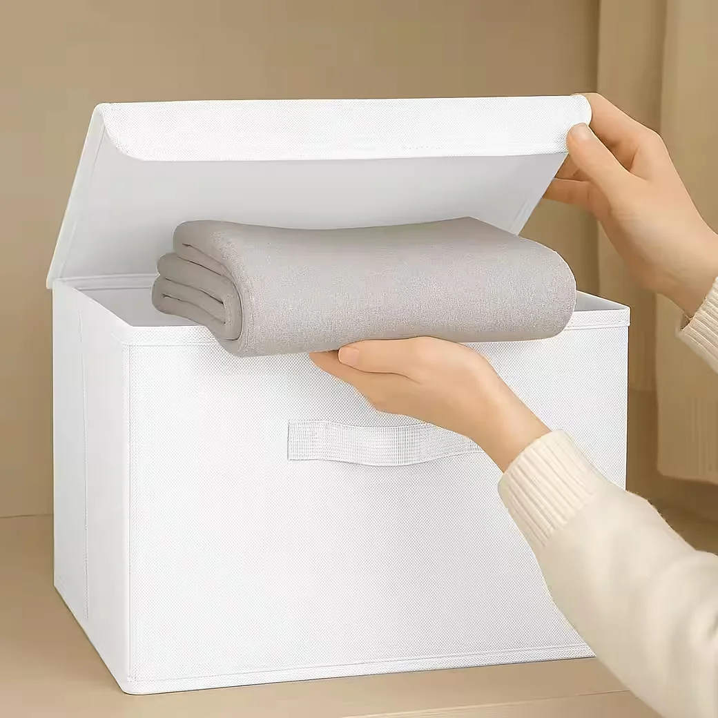 LUXUSKOLLEKTION Faltboxen 2er Set Stoff mit Deckel und Griff hellweiß